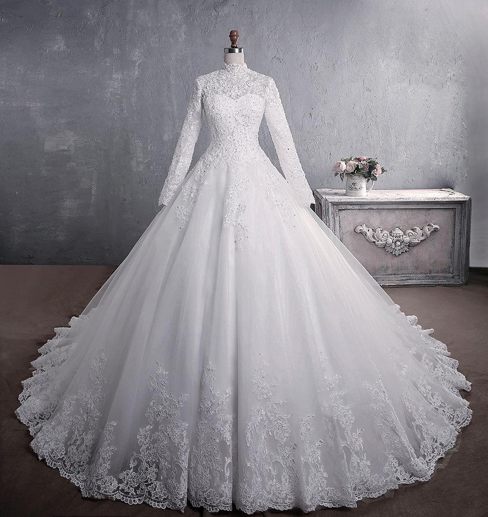 High Neck Lace Wedding Dresses Long Sleeve Ball Gown A Line Bridal Gowns